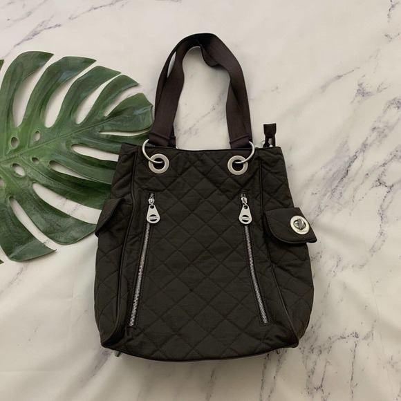 Baggallini Handbags - Baggallini Quilted Shoulder Tote Bag Brown Silver Zippers Travel Nylon Square